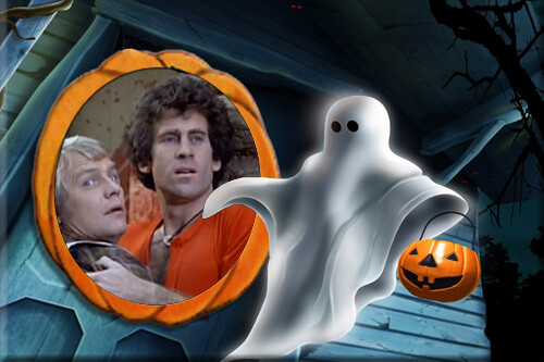 Starsky and Hutch from Satan's Witches with a ghost and jack o'lantern